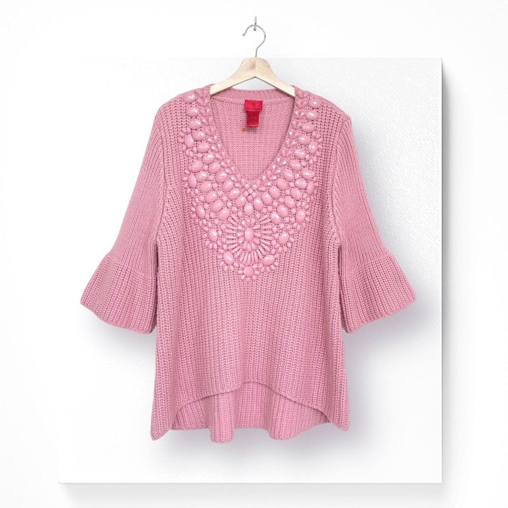V Cristina Knit Sweater Jewel Embellished 3/4 Bell Sleeve V-Neck Hi-Low Hem